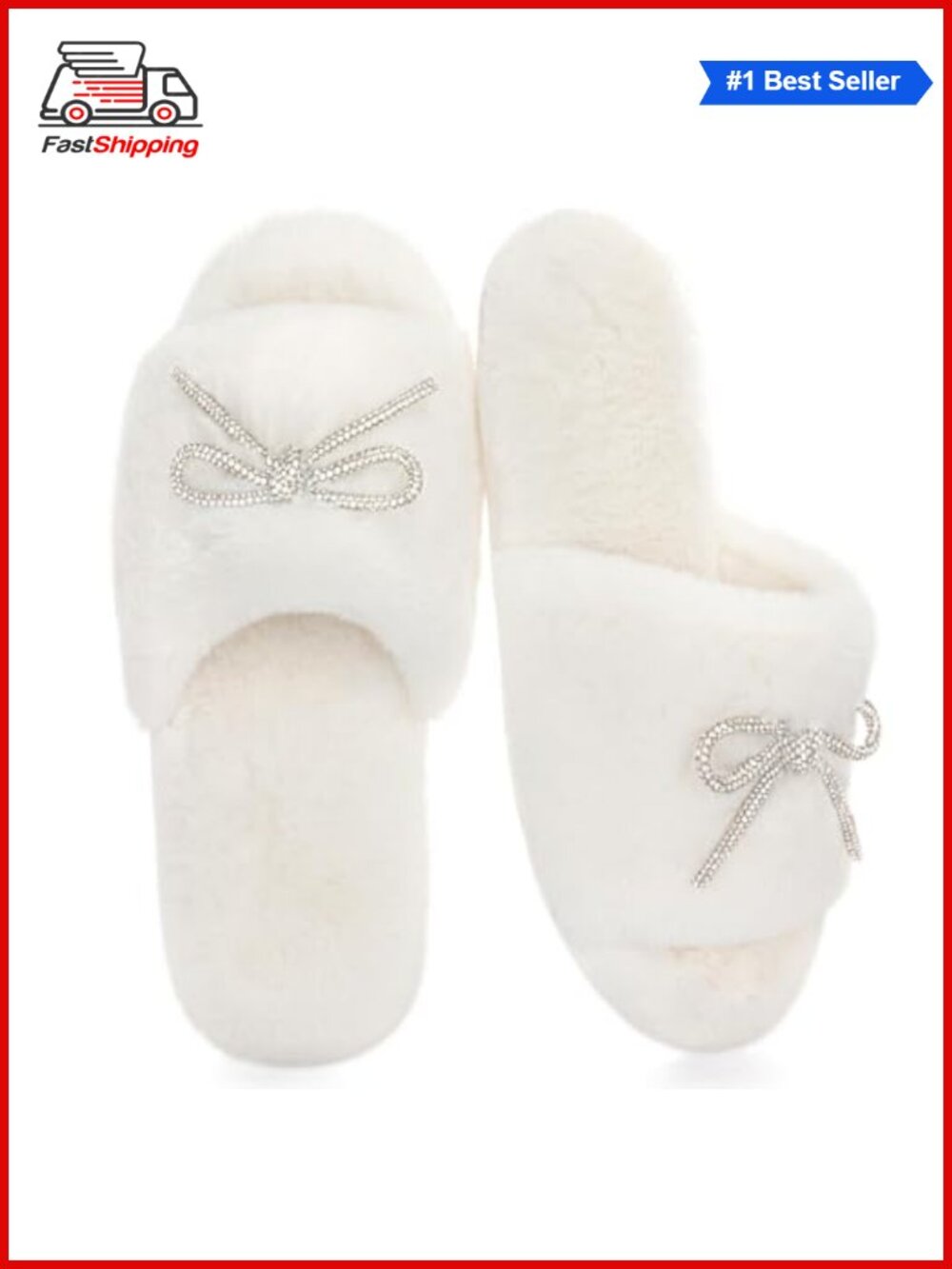 ✨ Faux Fur Open Toe Fuzzy House Slippers with Rhinestone Bow Memory Foam Slides